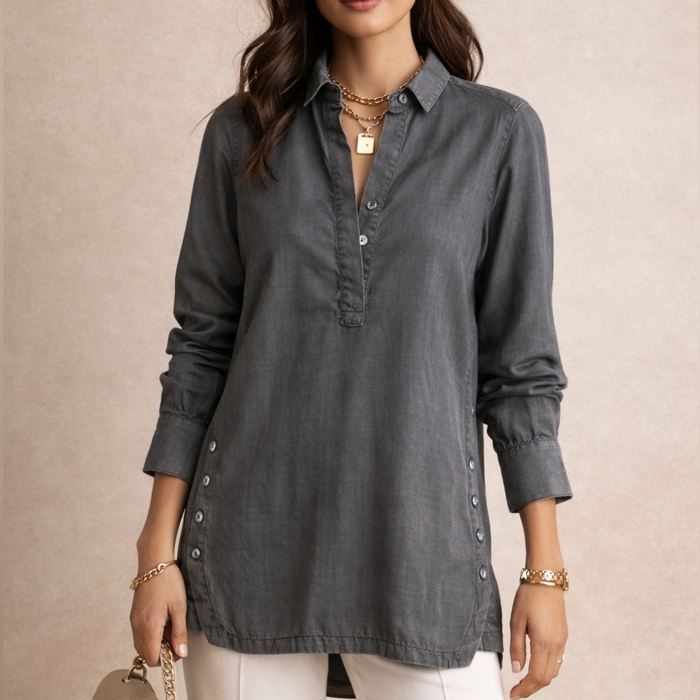 Chico’s 0 Slate Gray Long Sleeve Tunic Shirt Size 6 Popover Collared Tencel $99